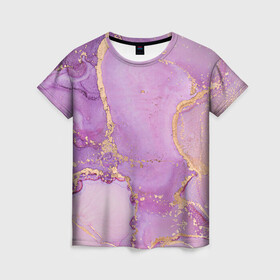 Женская футболка 3D с принтом Сиреневые разводы краски в Петрозаводске, 100% полиэфир ( синтетическое хлопкоподобное полотно) | прямой крой, круглый вырез горловины, длина до линии бедер | абстракция | блестки | градиент | золото | разводы краски