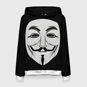 Женская толстовка 3D с принтом Guy Fawkes в Петрозаводске, 100% полиэстер  | двухслойный капюшон со шнурком для регулировки, мягкие манжеты на рукавах и по низу толстовки, спереди карман-кенгуру с мягким внутренним слоем. | белый | бородка | гай фокс | лицо | маска | усы | черный