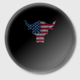 Значок с принтом The Bull в Петрозаводске,  металл | круглая форма, металлическая застежка в виде булавки | америка | белый | бык | звёзды | красный | полоски | рога | флаг