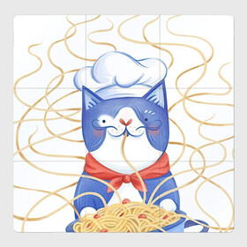 Магнитный плакат 3Х3 с принтом Котик-повар в Петрозаводске, Полимерный материал с магнитным слоем | 9 деталей размером 9*9 см | арт | кот | котик | кошка | макароны | паста | повар | рисунок | спагетти