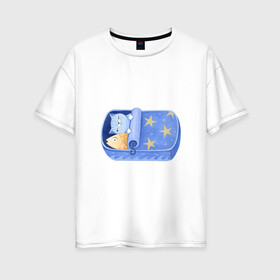 Женская футболка хлопок Oversize с принтом Сладкие сны в Петрозаводске, 100% хлопок | свободный крой, круглый ворот, спущенный рукав, длина до линии бедер
 | арт | звезда | звёзды | консервы | кот | котик | кошка | ночь | рисунок | рыба | рыбка | сны | сон | спокойной ночи