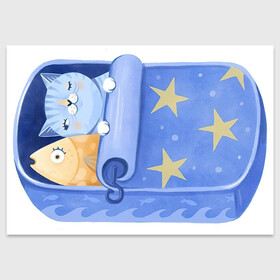 Поздравительная открытка с принтом Сладкие сны в Петрозаводске, 100% бумага | плотность бумаги 280 г/м2, матовая, на обратной стороне линовка и место для марки
 | Тематика изображения на принте: арт | звезда | звёзды | консервы | кот | котик | кошка | ночь | рисунок | рыба | рыбка | сны | сон | спокойной ночи