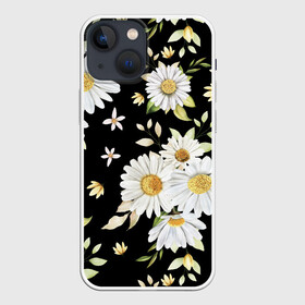 Чехол для iPhone 13 mini с принтом Ромашки на черном фоне в Петрозаводске,  |  | Тематика изображения на принте: девушкам | девушке | природа | ромахи | ромашки | рошамшка | цветочки | цветы