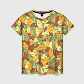 Женская футболка 3D с принтом Яркие осенние листья в Петрозаводске, 100% полиэфир ( синтетическое хлопкоподобное полотно) | прямой крой, круглый вырез горловины, длина до линии бедер | желтые | зеленые | золотая | красные | листья | осенний | осень | яркие