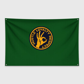 Флаг-баннер с принтом Hustle Loyalty respect  в Петрозаводске, 100% полиэстер | размер 67 х 109 см, плотность ткани — 95 г/м2; по краям флага есть четыре люверса для крепления | жёлтый | зелёный | надпись | преданное уважение | рука | эмблема