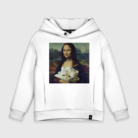 Детское худи Oversize хлопок с принтом Mona lisa в Петрозаводске, френч-терри — 70% хлопок, 30% полиэстер. Мягкий теплый начес внутри —100% хлопок | боковые карманы, эластичные манжеты и нижняя кромка, капюшон на магнитной кнопке | Тематика изображения на принте: back landscape portrait | coronavirus | известный портрет | леонардо да винчи | мем с лизой | туалетная бумага