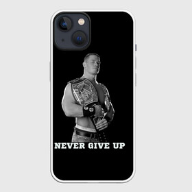 Чехол для iPhone 13 с принтом Never give up в Петрозаводске,  |  | джон сина | знаменитость | никогда не сдавайся | пояс | рестлинг | черно белый