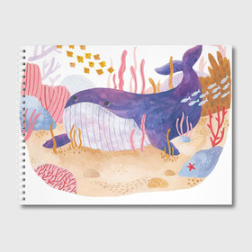 Альбом для рисования с принтом Отдыхающий кит в Петрозаводске, 100% бумага
 | матовая бумага, плотность 200 мг. | Тематика изображения на принте: арт | звезда | кит | кораллы | море | морская звезда | океан | песок | природа | рисунок | рыба | рыбки | рыбы | синий кит
