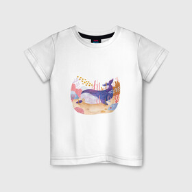 Детская футболка хлопок с принтом Отдыхающий кит в Петрозаводске, 100% хлопок | круглый вырез горловины, полуприлегающий силуэт, длина до линии бедер | Тематика изображения на принте: арт | звезда | кит | кораллы | море | морская звезда | океан | песок | природа | рисунок | рыба | рыбки | рыбы | синий кит