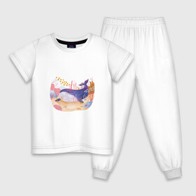Детская пижама хлопок с принтом Отдыхающий кит в Петрозаводске, 100% хлопок |  брюки и футболка прямого кроя, без карманов, на брюках мягкая резинка на поясе и по низу штанин
 | Тематика изображения на принте: арт | звезда | кит | кораллы | море | морская звезда | океан | песок | природа | рисунок | рыба | рыбки | рыбы | синий кит