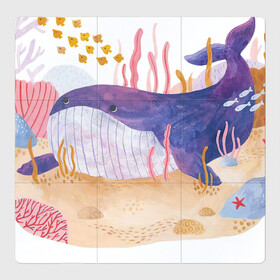 Магнитный плакат 3Х3 с принтом Отдыхающий кит в Петрозаводске, Полимерный материал с магнитным слоем | 9 деталей размером 9*9 см | Тематика изображения на принте: арт | звезда | кит | кораллы | море | морская звезда | океан | песок | природа | рисунок | рыба | рыбки | рыбы | синий кит