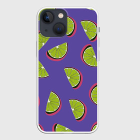 Чехол для iPhone 13 mini с принтом Лаймы в Петрозаводске,  |  | зелёная | лайм | фиолетовая | фрукты | цитрус