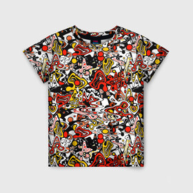 Детская футболка 3D с принтом Абстрактный разноцветный узор в Петрозаводске, 100% гипоаллергенный полиэфир | прямой крой, круглый вырез горловины, длина до линии бедер, чуть спущенное плечо, ткань немного тянется | абстрактный | граффити | желтый | красный | мазня | молодежный | популярный | разноцветный | рисунок | современный | черный