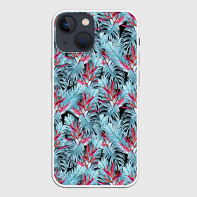 Чехол для iPhone 13 mini с принтом Розово голубой тропический в Петрозаводске,  |  | листья | листья монстеры | монстера | папоротник | пляжный | тропический | цветочный