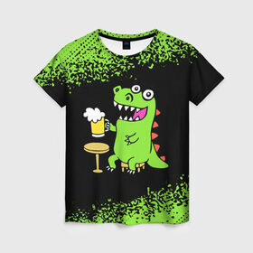 Женская футболка 3D с принтом Пивозавр - Краска в Петрозаводске, 100% полиэфир ( синтетическое хлопкоподобное полотно) | прямой крой, круглый вырез горловины, длина до линии бедер | dinosaur | pivo | pivozavr | динозавр | краска | прикол | спрей