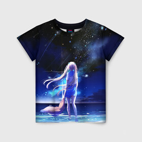 Детская футболка 3D с принтом Animegirl Night Sea в Петрозаводске, 100% гипоаллергенный полиэфир | прямой крой, круглый вырез горловины, длина до линии бедер, чуть спущенное плечо, ткань немного тянется | аниме девушка | градиент | девочка | звезды | луна | море | на каждый день | небо | облака | океан | персонаж | синее | синий