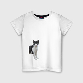 Детская футболка хлопок с принтом смотрящая кошка в Петрозаводске, 100% хлопок | круглый вырез горловины, полуприлегающий силуэт, длина до линии бедер | Тематика изображения на принте: голова | домашнее животное | животное | зверь | кот | котёнок | кошка