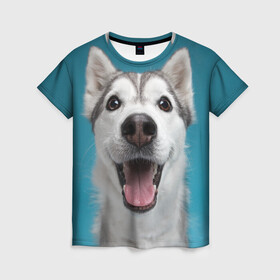 Женская футболка 3D с принтом Хаски в Петрозаводске, 100% полиэфир ( синтетическое хлопкоподобное полотно) | прямой крой, круглый вырез горловины, длина до линии бедер | dog | дог | домашние животные | звери | сибирский хаски | собака | собаки | хаски