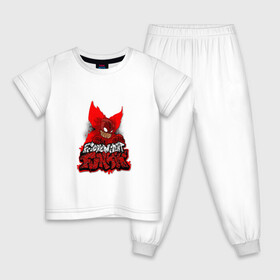 Детская пижама хлопок с принтом Friday Night Funkin Tricky в Петрозаводске, 100% хлопок |  брюки и футболка прямого кроя, без карманов, на брюках мягкая резинка на поясе и по низу штанин
 | black | character | clown | demon | fire | fnf | friday night funkin | red | tricky | white | белый | буквы | демон | игра | картинка | клоун | красный | логотип | микрофон | огонь | персонаж | рисовка | трещины | трики | фрайдей | черный
