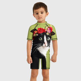 Детский купальный костюм 3D с принтом Кот и цветы в Петрозаводске, Полиэстер 85%, Спандекс 15% | застежка на молнии на спине | cat | домашние животные | кот | коты | кошка | кошки | цветы | черный кот