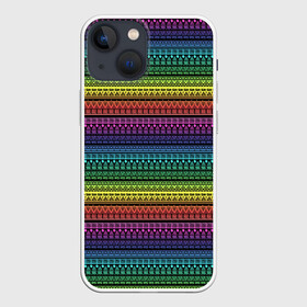 Чехол для iPhone 13 mini с принтом Этнический радужный орнамент в Петрозаводске,  |  | ажурный | желтый | красный | неоновый | орнамент | полосатый | популярный | радуга | разноцветный | современный | фиолетовый | этнический