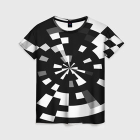 Женская футболка 3D с принтом Черно-белый фон иллюзии в Петрозаводске, 100% полиэфир ( синтетическое хлопкоподобное полотно) | прямой крой, круглый вырез горловины, длина до линии бедер | абстрактный | геометрический | дизайн | иллюзия | кривая | линии | пиксель | текстура | узор