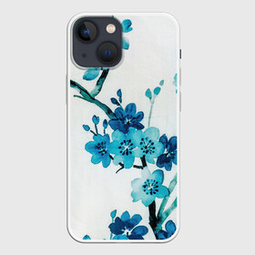 Чехол для iPhone 13 mini с принтом Голубая сакура в Петрозаводске,  |  | акварель | белый | нежный | растительное | рисунок | цветочный | цветы