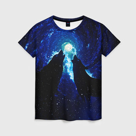 Женская футболка 3D с принтом КОСМИЧЕСКИЙ ВОЛК в Петрозаводске, 100% полиэфир ( синтетическое хлопкоподобное полотно) | прямой крой, круглый вырез горловины, длина до линии бедер | вой | волк | вселенная | галактика | звёзды | космос