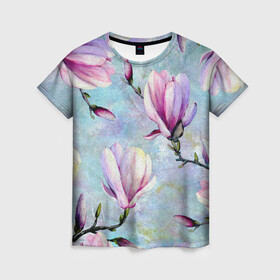 Женская футболка 3D с принтом Живописная магнолия в Петрозаводске, 100% полиэфир ( синтетическое хлопкоподобное полотно) | прямой крой, круглый вырез горловины, длина до линии бедер | бутоны | весна | живописный | живопись | картина | крупные цветы | магнолия | небесный | нежные | холст | художественный | цветочки | цветочный | цветы