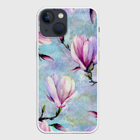 Чехол для iPhone 13 mini с принтом Живописная магнолия в Петрозаводске,  |  | бутоны | весна | живописный | живопись | картина | крупные цветы | магнолия | небесный | нежные | холст | художественный | цветочки | цветочный | цветы