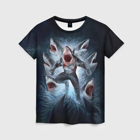 Женская футболка 3D с принтом АКУЛА МОНСТР в Петрозаводске, 100% полиэфир ( синтетическое хлопкоподобное полотно) | прямой крой, круглый вырез горловины, длина до линии бедер | animals | beast | f8sh | hungry | monstr | ocean | sea | shark | акула | животные | звери | монстр | море | океан | рыба | флот | хищник