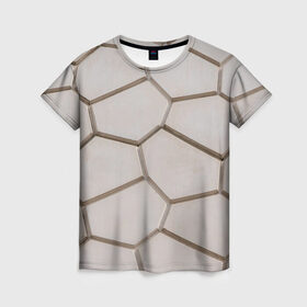 Женская футболка 3D с принтом Ячейки в Петрозаводске, 100% полиэфир ( синтетическое хлопкоподобное полотно) | прямой крой, круглый вырез горловины, длина до линии бедер | 3d | бежевый | бетон | плиты | серый | соты | спокойный | структура | текстура | ячеистый