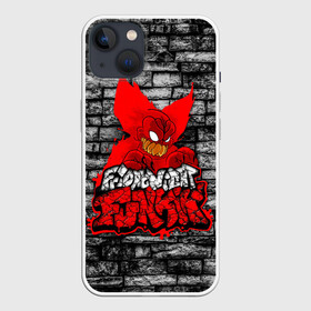 Чехол для iPhone 13 с принтом Friday Night Funkin TrickyWall в Петрозаводске,  |  | black | brick | character | clown | demon | fire | fnf | friday night funkin | red | tricky | white | белый | буквы | демон | игра | картинка | кирпич | клоун | красный | логотип | микрофон | огонь | персонаж | рисовка | трещины | трики | фра