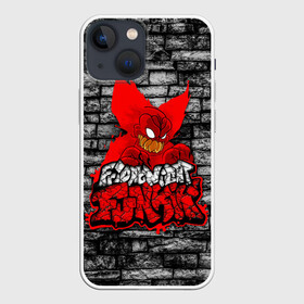 Чехол для iPhone 13 mini с принтом Friday Night Funkin TrickyWall в Петрозаводске,  |  | black | brick | character | clown | demon | fire | fnf | friday night funkin | red | tricky | white | белый | буквы | демон | игра | картинка | кирпич | клоун | красный | логотип | микрофон | огонь | персонаж | рисовка | трещины | трики | фра