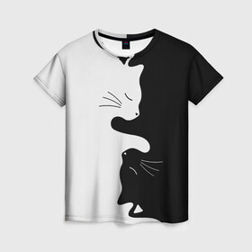 Женская футболка 3D с принтом Коты инь янь в Петрозаводске, 100% полиэфир ( синтетическое хлопкоподобное полотно) | прямой крой, круглый вырез горловины, длина до линии бедер | cat | домашние животные | звери | инь и янь | инь янь | кот | коты | кошка | кошки | черно белое | чернобелое | черное и белое