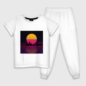 Детская пижама хлопок с принтом Neon City в Петрозаводске, 100% хлопок |  брюки и футболка прямого кроя, без карманов, на брюках мягкая резинка на поясе и по низу штанин
 | Тематика изображения на принте: city | neon | retrowave | sunset | город | закат | неон | ретровейв