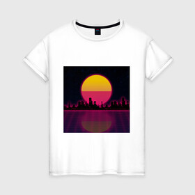 Женская футболка хлопок с принтом Neon City в Петрозаводске, 100% хлопок | прямой крой, круглый вырез горловины, длина до линии бедер, слегка спущенное плечо | city | neon | retrowave | sunset | город | закат | неон | ретровейв