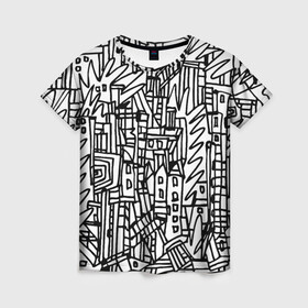 Женская футболка 3D с принтом Городской скетч в Петрозаводске, 100% полиэфир ( синтетическое хлопкоподобное полотно) | прямой крой, круглый вырез горловины, длина до линии бедер | белый | графика | рисунок | скетч | черный