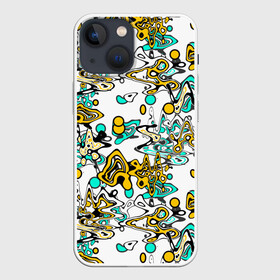 Чехол для iPhone 13 mini с принтом Бирюзово желтый узор в Петрозаводске,  |  | абстрактный | беспорядочный | бирюзовый | желтый | кляксы | пятна | современный