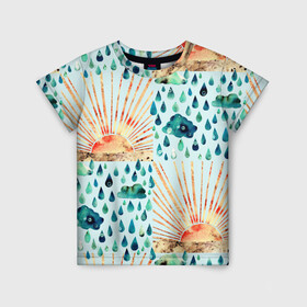 Детская футболка 3D с принтом Осенний паттерн: Дождь и солнце в Петрозаводске, 100% гипоаллергенный полиэфир | прямой крой, круглый вырез горловины, длина до линии бедер, чуть спущенное плечо, ткань немного тянется | Тематика изображения на принте: 3d | blue | clouds | overcast | rain | raindrops | sun | sunset | watercolor | weather | акварель | дизайн | дождливый | дождь | закат | капли | коллаж | лучи | непогода | облака | осенний | осень | паттерн | погода | рассвет | синий