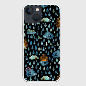 Чехол для iPhone 13 mini с принтом Дождливая осень.Солнце, облака в Петрозаводске,  |  | autumn | pattern | raibow | rain | raindrops | sun | watercolor | акварель | дизайн | дождливый | дождь | закат | капли | коллаж | ливень | морось | непогода | облака | осень | паттерн | погода | природа | радуга | рассвет | солнце