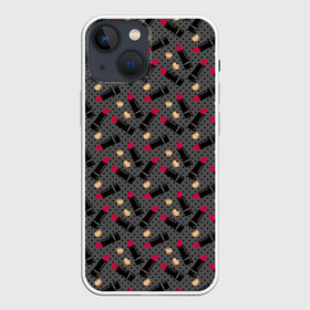 Чехол для iPhone 13 mini с принтом Красная Губная помада в Петрозаводске,  |  | в горошек | для девочки | женский | золотое сердце | косметика | красная помада | любовь | помада | ретро | сердце | серый | черный фон