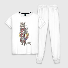 Женская пижама хлопок с принтом К полёту - готов в Петрозаводске, 100% хлопок | брюки и футболка прямого кроя, без карманов, на брюках мягкая резинка на поясе и по низу штанин | Тематика изображения на принте: арт | астронавт | белая кошка | белый кот | космонавт | космос | кот | котейка | кошка | рисунок | скафандр