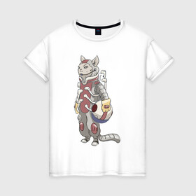 Женская футболка хлопок с принтом К полёту - готов в Петрозаводске, 100% хлопок | прямой крой, круглый вырез горловины, длина до линии бедер, слегка спущенное плечо | арт | астронавт | белая кошка | белый кот | космонавт | космос | кот | котейка | кошка | рисунок | скафандр