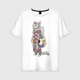Женская футболка хлопок Oversize с принтом К полёту - готов в Петрозаводске, 100% хлопок | свободный крой, круглый ворот, спущенный рукав, длина до линии бедер
 | арт | астронавт | белая кошка | белый кот | космонавт | космос | кот | котейка | кошка | рисунок | скафандр