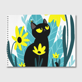 Альбом для рисования с принтом Кот и цветок в Петрозаводске, 100% бумага
 | матовая бумага, плотность 200 мг. | Тематика изображения на принте: арт | жёлтые цветы | жёлтый цветок | космос | кот | котейка | кошка | полевой цветок | полевые цветы | пчела | рисунок | цветок | цветы | чёрная кошка | чёрный кот | чёрный котейка