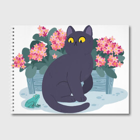 Альбом для рисования с принтом Кот, лягушка и клумба в Петрозаводске, 100% бумага
 | матовая бумага, плотность 200 мг. | Тематика изображения на принте: арт | клумба | космос | кот | котейка | кошка | лягушка | рисунок | розовые цветы | розовый цветок | цветы | чёрная кошка | чёрный кот