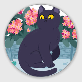 Коврик для мышки круглый с принтом Кот, лягушка и клумба в Петрозаводске, резина и полиэстер | круглая форма, изображение наносится на всю лицевую часть | арт | клумба | космос | кот | котейка | кошка | лягушка | рисунок | розовые цветы | розовый цветок | цветы | чёрная кошка | чёрный кот