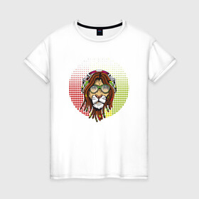 Женская футболка хлопок с принтом Reggae Lion в Петрозаводске, 100% хлопок | прямой крой, круглый вырез горловины, длина до линии бедер, слегка спущенное плечо | animal | cat | lion | reggae | африка | животные | зверь | кот | кошка | лев | львенок | львица | музыка | регги | тигр | хищник | царь | ямайка. jamaica