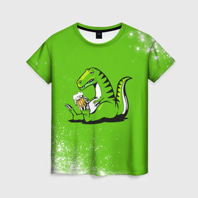 Женская футболка 3D с принтом Пивозавр - Краска в Петрозаводске, 100% полиэфир ( синтетическое хлопкоподобное полотно) | прямой крой, круглый вырез горловины, длина до линии бедер | Тематика изображения на принте: dinosaur | pivo | pivozavr | взрыв | динозавр | краска | прикол